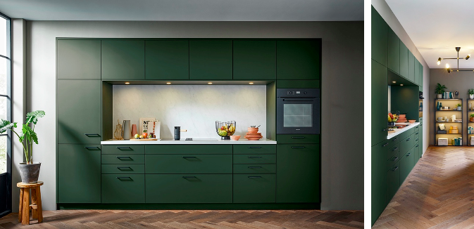 Schüller Siena kitchen in forest green matt velvet 