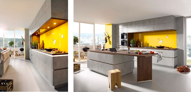 Schüller Elba kitchen in grey and sunny yellow accent 