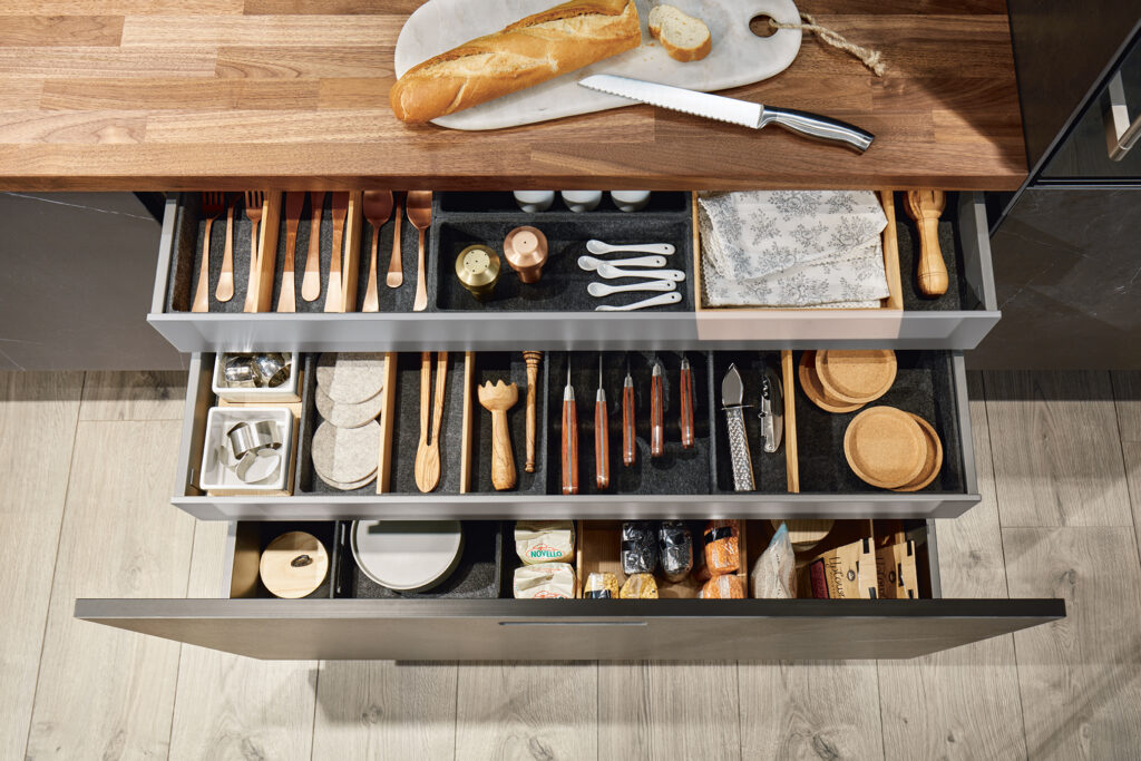 Open drawers with separate storage spaces