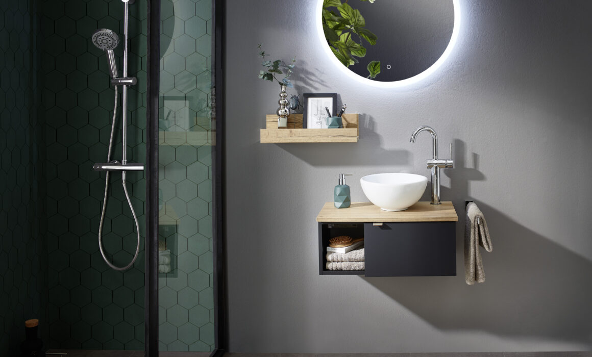 Dark ensuite bathroom with wet room shower - InHouse Inspired Room Design