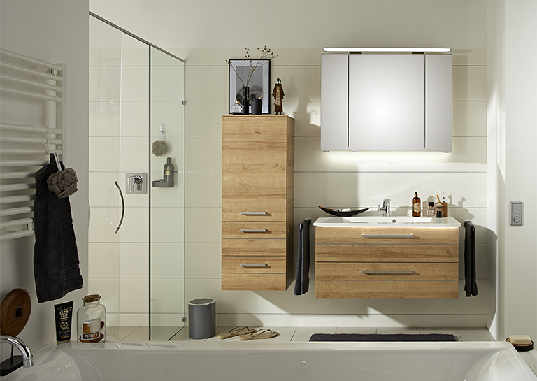 Light wood ensuite bathroom with large walk-in shower InHouse Inspired Room Design